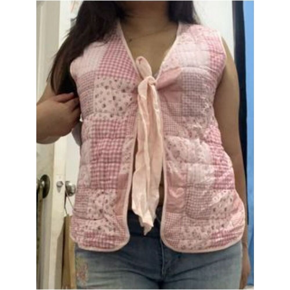 Stoosh Cottagecore soft cotton Pink Patchwork Quilted Tie-Front Vest floral